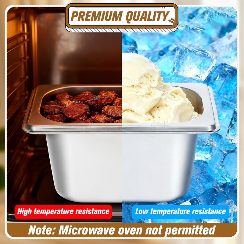 Exclaith 4 Pack Hotel Pan with Lid 1/9 Size 4 Inch Deep Stainless Steel Restaurant Food Prep Tray Metal Hotels Steam Table Pan for Home, Party, Restaurant, Hotel, Buffet - Image 4